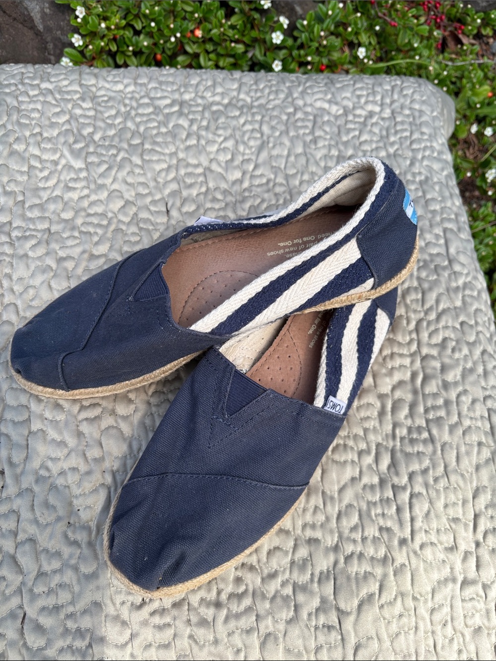 TOMS Navy Canvas Espadrille Slip-Ons with Striped Heel